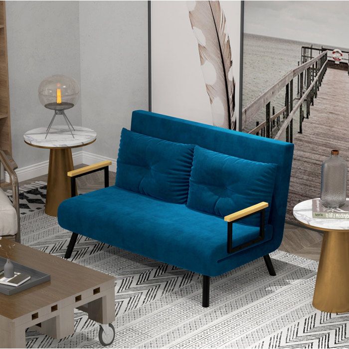 Fauteuil lit convertible 1 place bleu en velours dossier réglable 5 positions structure acier JOINERY