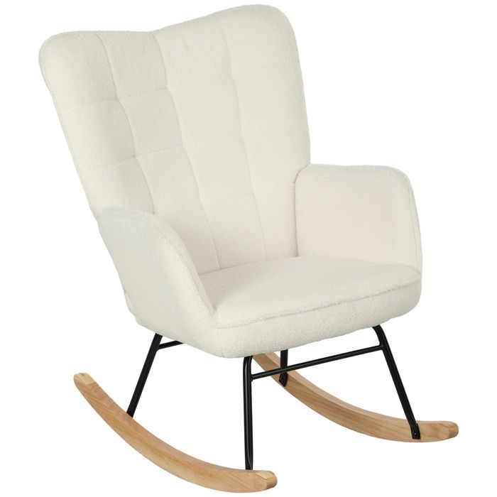 Zitty fauteuil à bascule blanc rocking chair tissu bouclette accoudoirs 98x71x101cm pieds bois blanc