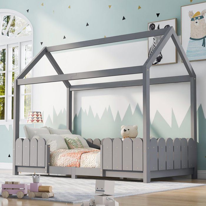 Lit cabane enfant avec barrière de sécurité et design maison 90x200 cm bois massif gris