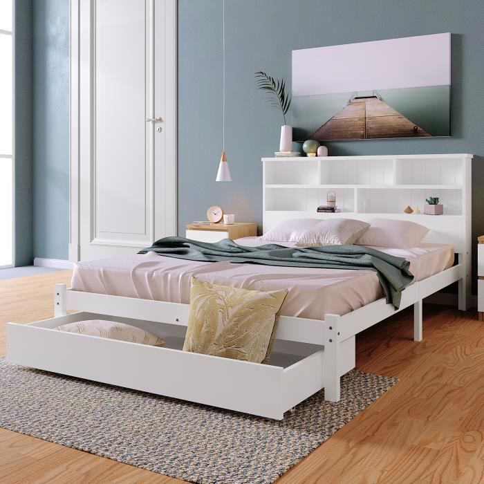 lit double en bois massif avec tiroirs-sommier à lattes avec tête de lit de style bibliothèque-140x200 cm-blanc