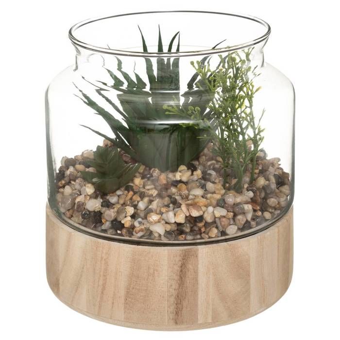 Meilleurs prix pour Atmosphera - Terrarium artificiel Plante verte plateau en Bois H 17,5 cm Transparent