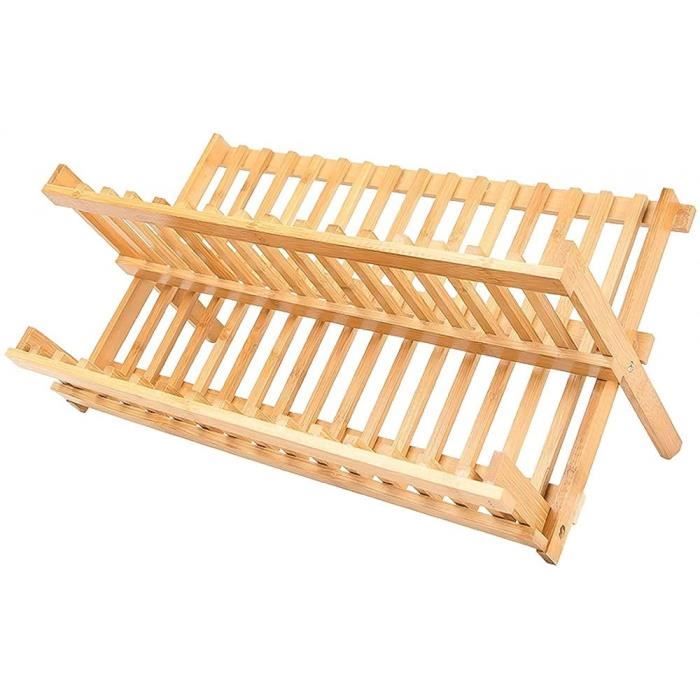 Relaxdays Égouttoir pliable, pour votre vaisselle (assiettes, tasses, bols), 2 niveaux, en bambou, nature - Maison