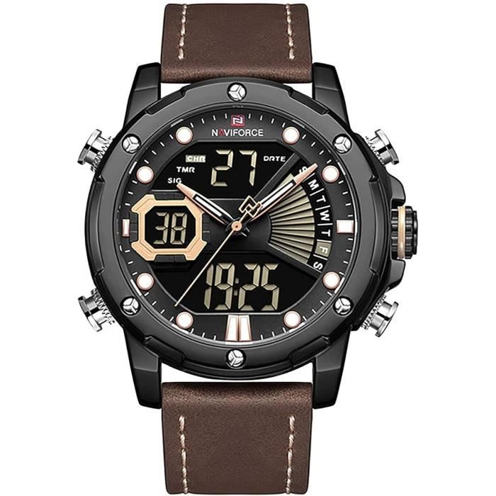 Montre Militaire Homme Étanche 30m - Analogique/Numérique, Cadran 46mm Vert, Bracelet Cuir