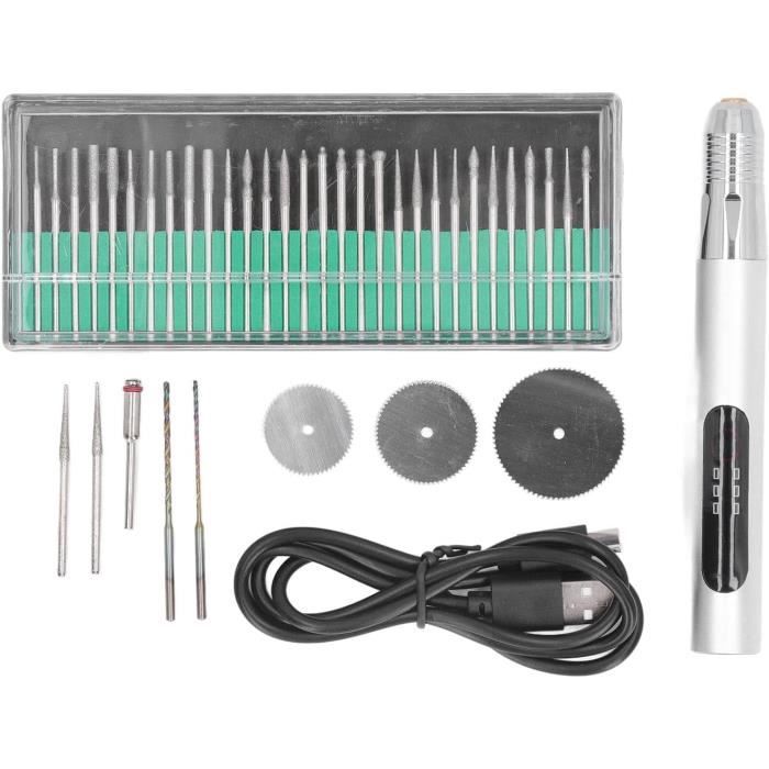 Mini Meuleuse Stylo Sans Fil | 3 Vitesses (5000-18000 Tr/min) | Batterie Lithium 300mAh | 6 Accessoires | Pour Sculpture, Polissage, Ongles
