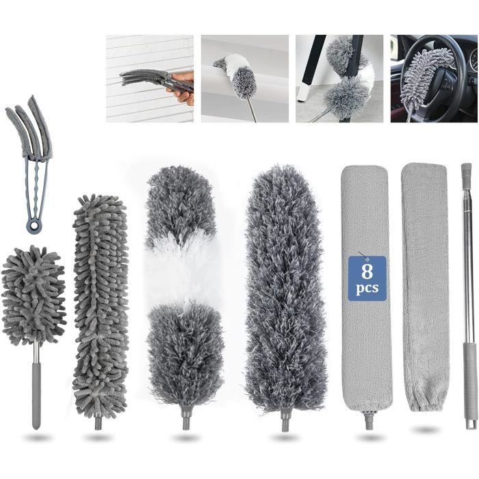 Kit Plumeau Télescopique 10 Pièces - Longueur Max 245cm, Tête Lavable, Pour Plafonds, Ventilateurs, Toiles D'araignée