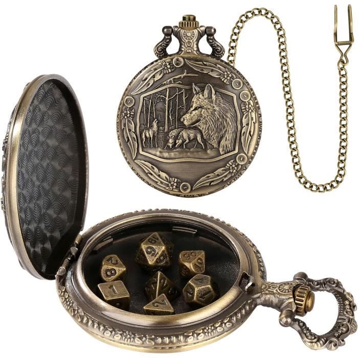 Lot De Dés DND En Métal – étui Montre Steampunk Loup – 7 Dés Polyédriques, Avec Chaînes Et Coffret