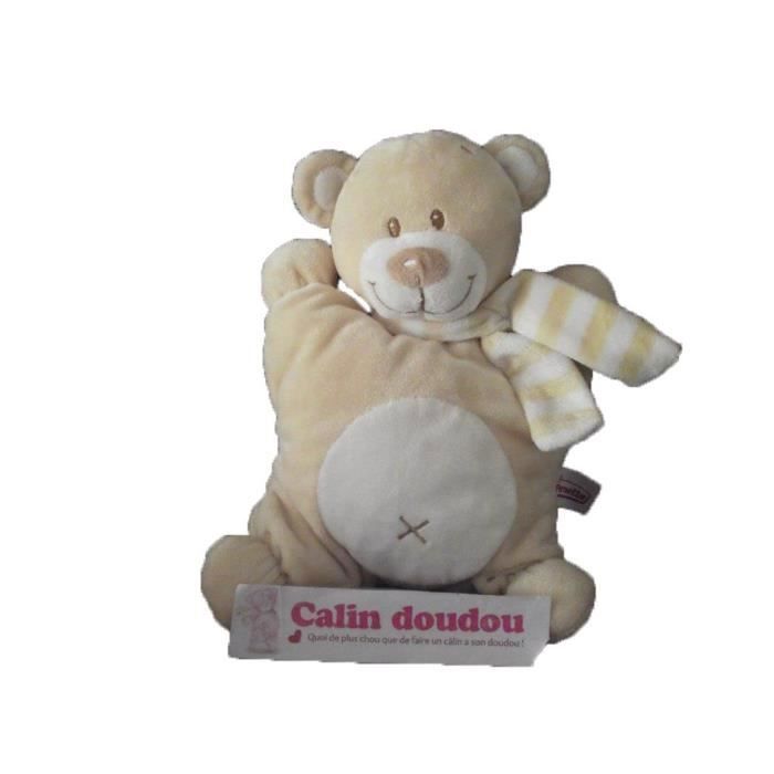 Doudou Pommette ours semi plat beige foulard blanc