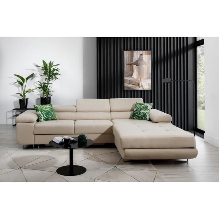 Canapé dangle convertible ARMEL en tissu luxe 5 places beige avec coffre angle droit (vu de face)