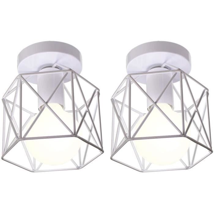 2 Pack Plafonniers Luminaires Industrielles Vintage Lustre Suspension E27 Blanc en Métal Cage Carré 40W Design pour Salon Chambre