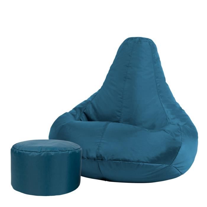 pouf fauteuil recliner et repose-pieds - veeva - textile tissé - résistant à l’eau - bleu sarcelle