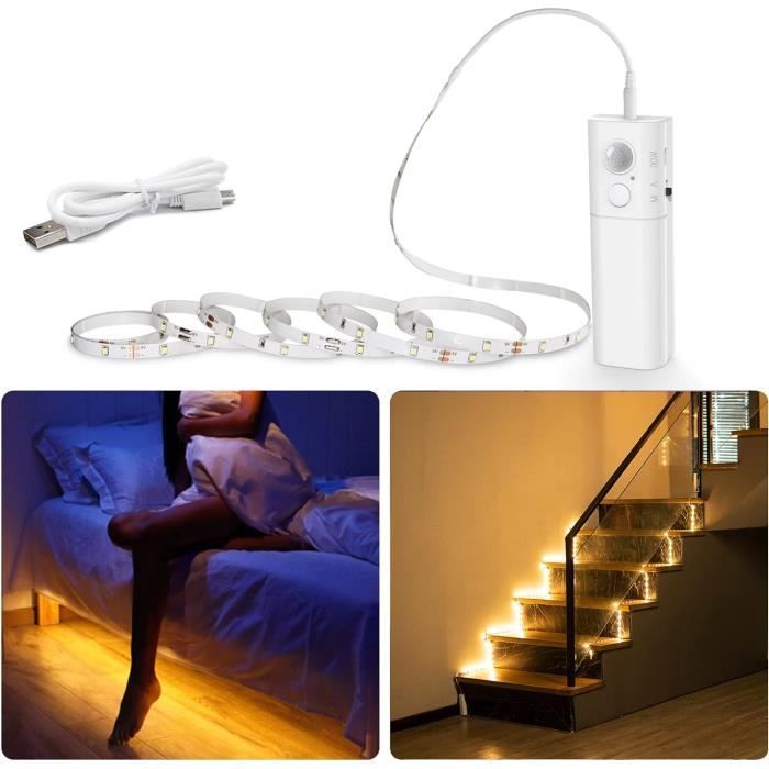 Bande LED 5m Avec 2 Détecteurs De Mouvement - 320 LED/m - Blanc Chaud 3000K - Alimentation Incluse - Pour Escalier, Placard - 12