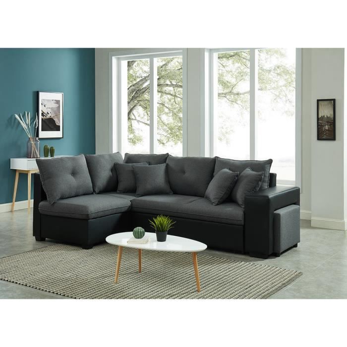 davenport canape d angle gauche koselig 4 places tissu gris et pu noir table basse cdiscount maison