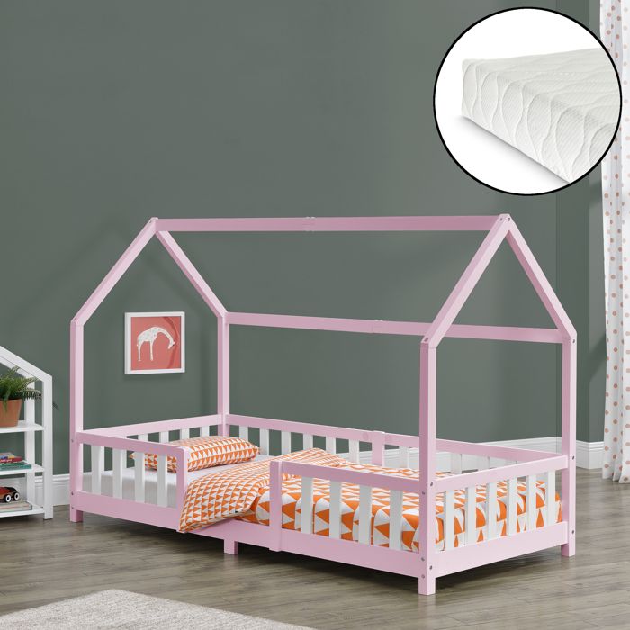 Lit denfant Forme Maison Sisimiut avec Matelas à Mousse à Froid 200 x 90 cm Rose Blanc