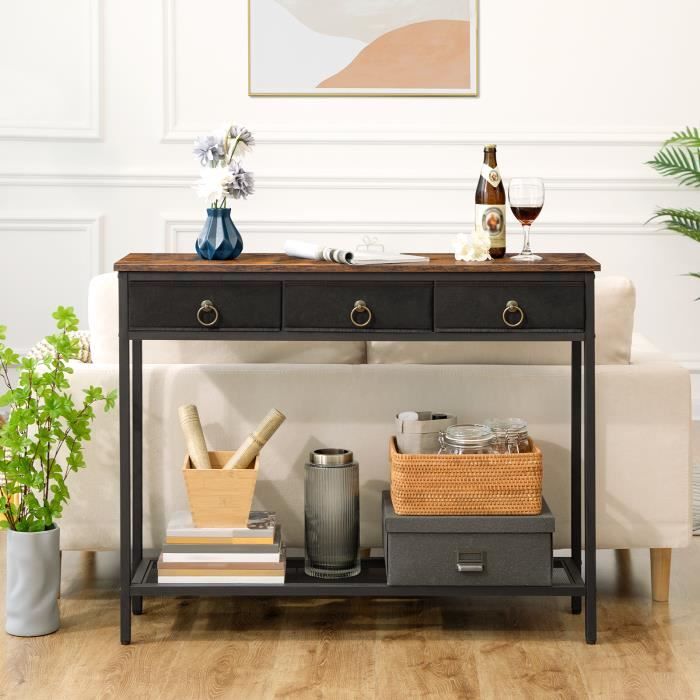 Table Console - HOOBRO - 100 cm - 3 Tiroirs en Tissu - Bois - Style Industriel