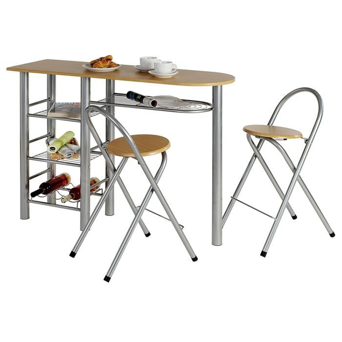 ensemble style avec table haute de bar mange-debout comptoir et 2 chaises/tabourets, en mdf couleur hêtre et structure en métal