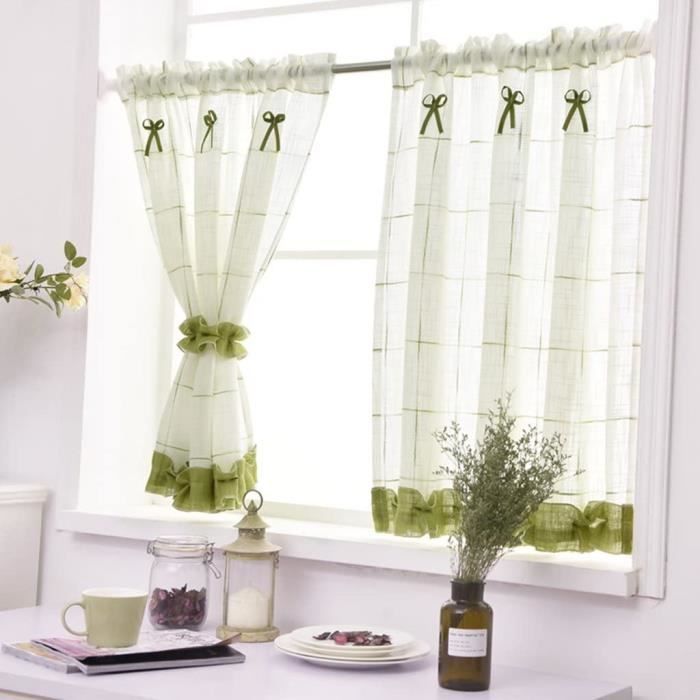 Rideaux courts Voilage fenêtre Store Romain brise-bise en lin Vert-L-H 140x160cm
