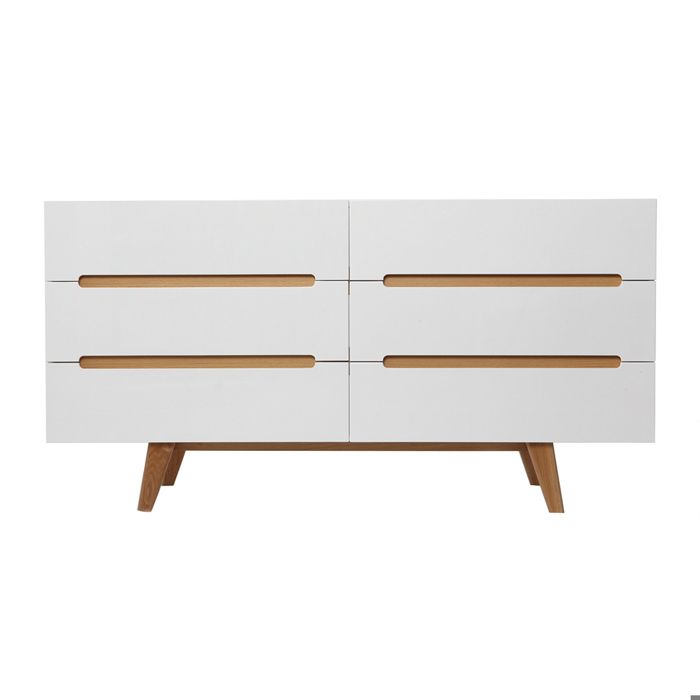 Commode - MILIBOO - MELKA - 6 tiroirs - Blanc brillant - Pieds frêne massif