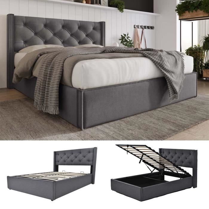 Lit Coffre - MODERNLUXE - 140x200cm - Gris - Sommier à lattes - Avec rangement Lit Coffre - MODERNLUXE - 140x200cm - Gris - Sommier à lattes - Avec rangement
