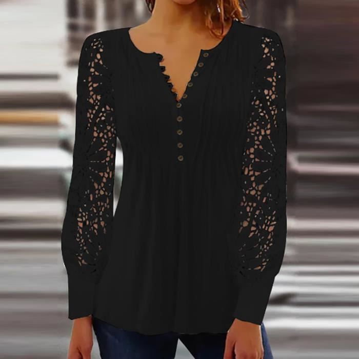 Chemisier femme Chemisiers a manches longues en dentelle col FREYCK A solid black Cdiscount Pret a Porter
