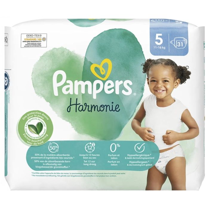 Pampers Harmonie Couches Taille 5 31 Couches 11 kg - 16 kg Protection Douce  Pour la Peau et Ingrédients d'Origine Végétale - Cdiscount Puériculture &  Eveil bébé