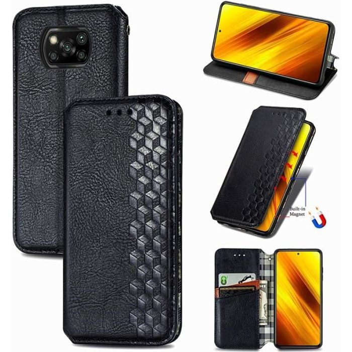 Étui Pour Xiaomi POCO M6 Pro 5G Cuir Housse De Protection Motif Matelasse Supports De Fente Pour Carte Foxdock Noir