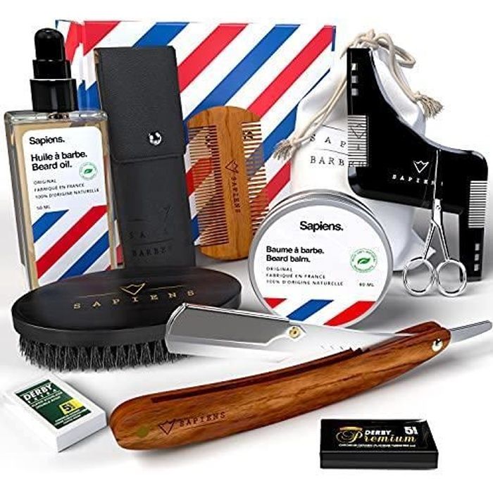 Kit Soin Barbe et Rasage Sapiens Barbershop Coffret Barbe Homme Complet Coupe Choux, Huile Barbe et Baume Barbe Made in France,