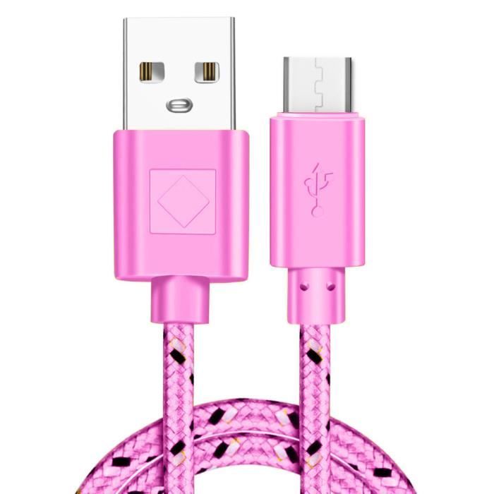 Cable 2 en 1 Lightning et Micro USB vers USB en Nylon Tressé - Rose ou Bleu