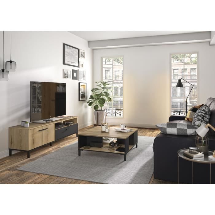 Ensemble meuble TV et table basse - TRUST - Chêne / Noir - GAMI