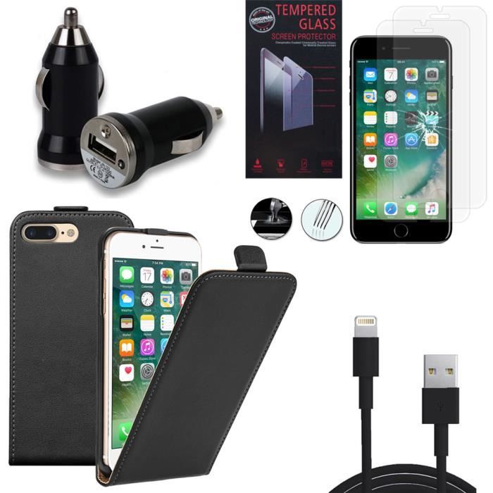 Pour Apple iPhone 7 Plus 5.5 : Lot 5 accessoires étui à rabat cuir PU Vrai  - NOIR et 2 Films Verre Trempé - Cdiscount Téléphonie