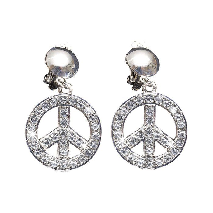 Boucles D'Oreilles Paix – Symbole Hippie Strass – Vintage – 2,5 Cm – Idéal Années 60, Carnaval, Soirée Thématique