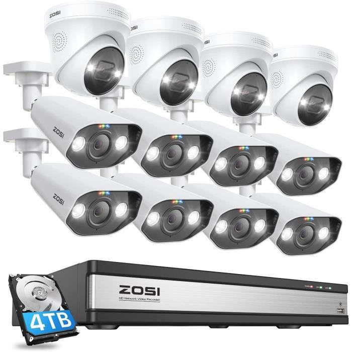 ZOSI 4K PoE Kit Caméra de Surveillance 12pcs 8MP Caméra avec l'audio 16CH NVR 4T