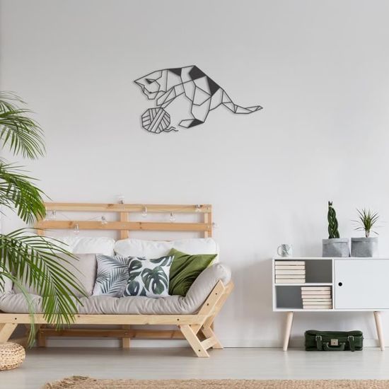 Décoration Murale Chat Géométrique En Bois Noir Pet-Jos - Design Minimaliste 40cm Pour Salon, Chambre Ou Bureau