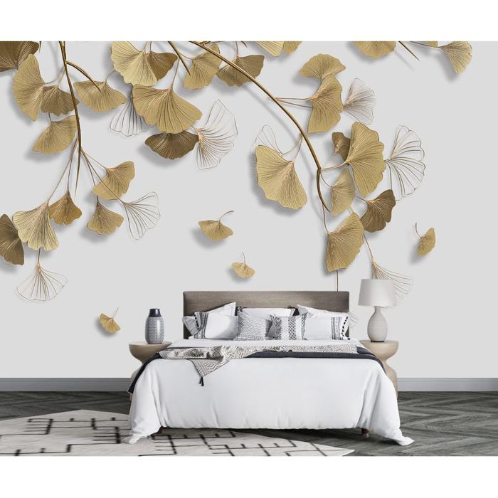 Fresque Murale Papier Peint Feuilles De Ginkgo Dores Abstraites ...