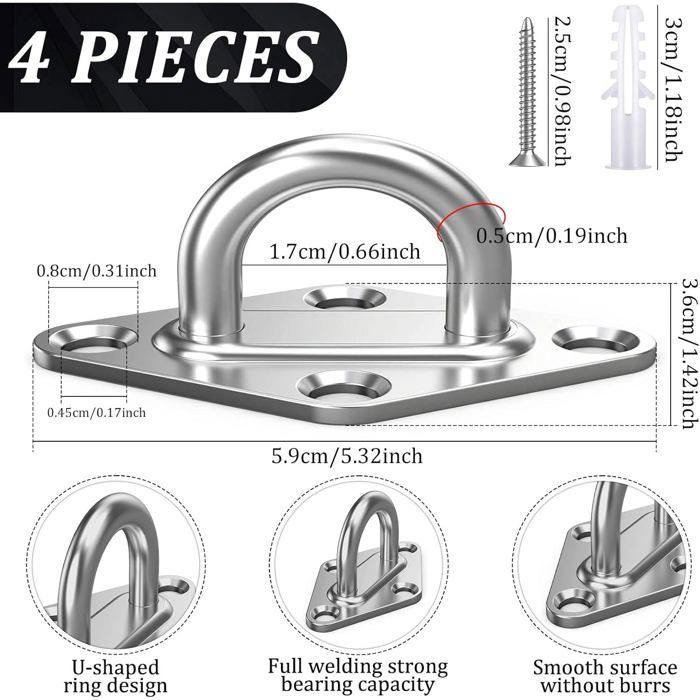 Plaques Œillet M6 Acier Inox 304 Qwork - Lot De 8 Avec Anneaux - Support 70kg - Pour Terrasse/Marine