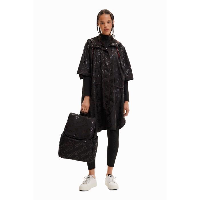 Poncho Desigual Colorama: Impermeabile Leggero Con Cappuccio E Tasche, Nero Con Dettagli Rossi - Taglia Unica - Foto 3