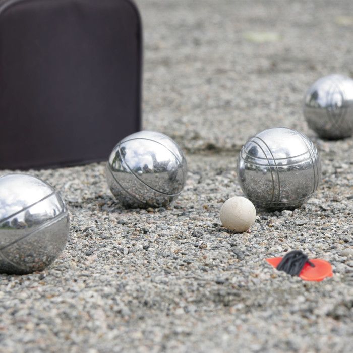 Set De Pétanque Relaxdays – 6 Boules Métalliques + Cochonnet + Mesureur + étui, Noir/argent, Diam. 7,2 Cm, 740 G Chacune