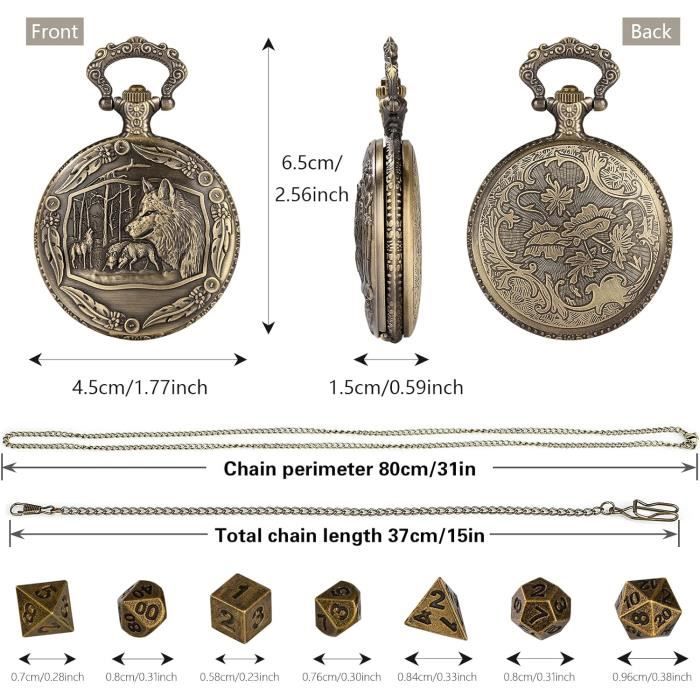 Lot De Dés DND En Métal – étui Montre Steampunk Loup – 7 Dés Polyédriques, Avec Chaînes Et Coffret
