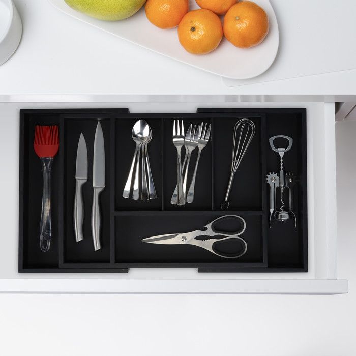 Relaxdays Organiseur En Bambou 7 Compartiments - Range-Couverts Pour Tiroir Cuisine, Noir, 4 X 44 X 30,5 Cm