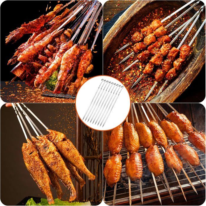 Lot De 10 Brochettes Barbecue En Acier Inoxydable - Longueur 40cm, Largeur 1cm, Plates (Anti-Rotation)