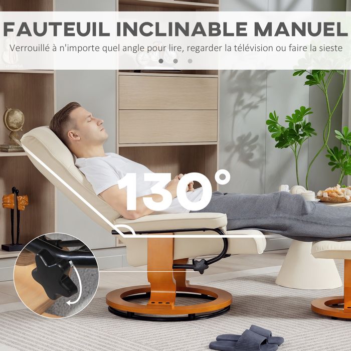 Fauteuil De Relaxation CHARLY Avec Repose-pieds Pouf Siège Pivotant Dossier Inclinable Assise
