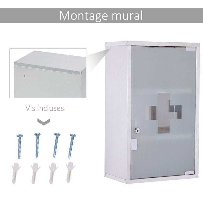 Armoire à Pharmacie Inox Verrouillable - 30x12x50 Cm - 3 Compartiments + Porte En Verre - 2 Clés - Pour Maison/Bureau