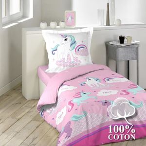 HOUSSE DE COUETTE ET TAIES Housse de couette enfant 140 x 200 cm coton + 1 taie licorne pollypocket