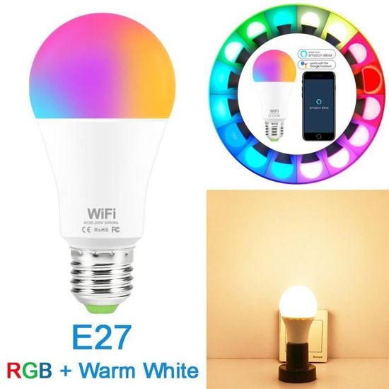 Ampoule Led intelligente, colorée, WiFi 15W, fonctionne avec Alexa-Google Home, lampe RGB E27 B22, 110V 220V, veilleuse [3EB0255]