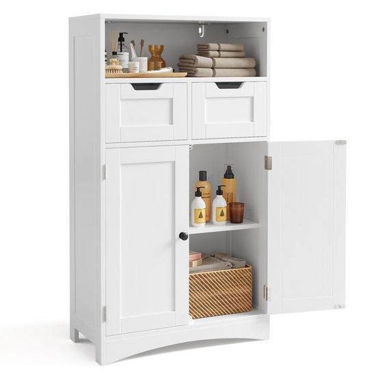 Homcom – Colonne de salle de bain 30 x 24 x 170 cm – 2 portes, 2 compartiments ouverts, étagère réglable – MDF blanc – Sangles anti-basculement incluses