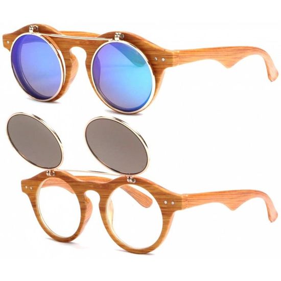 SOLEYL-Lunettes soleil Rondes Miroir Bleu Monture Bois Fantaisie