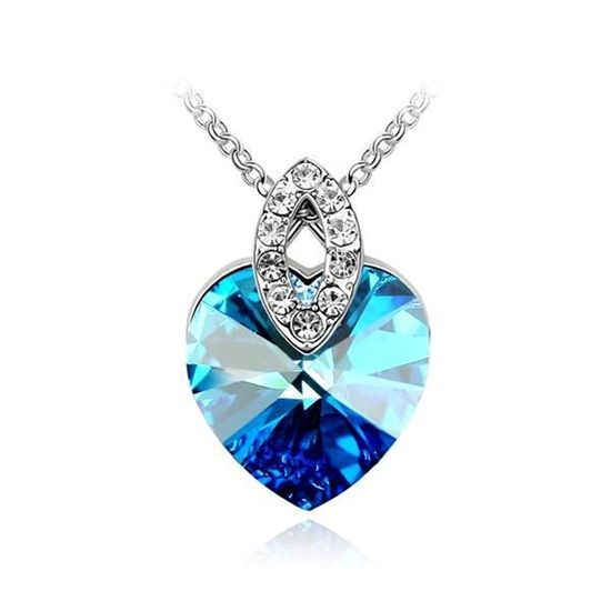 Pendentif Cœur Cristal Bleu Saphir – Argenté – Collier Avec Chaîne – Neuf