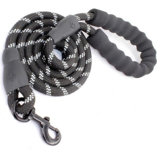 1 LAISSE CHIEN corde nylon NOIR solide - poignée rembourrée chien moyen ou grand - mousqueton métal - réfléchissant : 150 * 1.2 cm