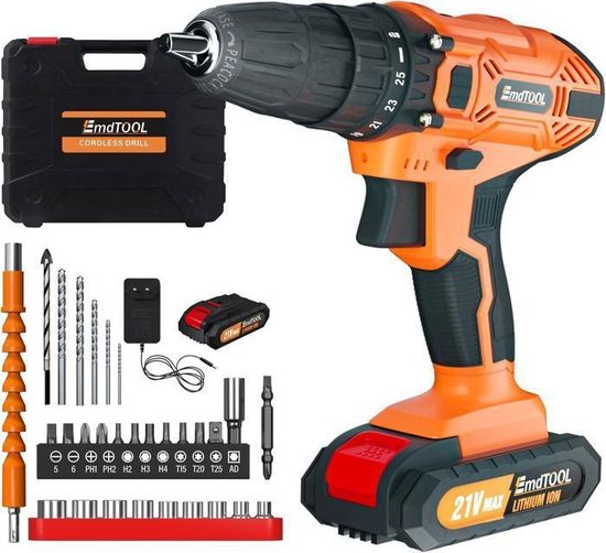 Perceuse Visseuse Sans Fil 21V 45Nm Avec 2 Batteries - 27 Accessoires, Mandrin 10mm, Perceuse Percussion LED