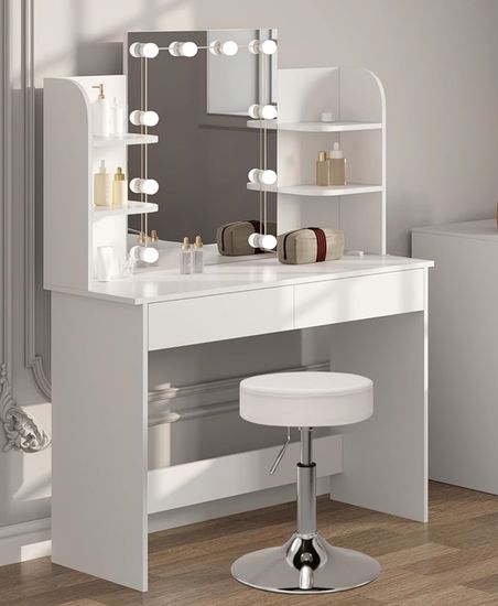 Coiffeuse Avec Miroir LED Et Tabouret – Forme L, 5 Tiroirs, Prises USB, Support Sèche-Cheveux, Rangement Optimisé (Noir) - 11