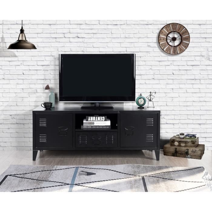 LIVERPOOL Meuble TV en métal 2 portes 1 tiroirs - Noir - L 120 cm